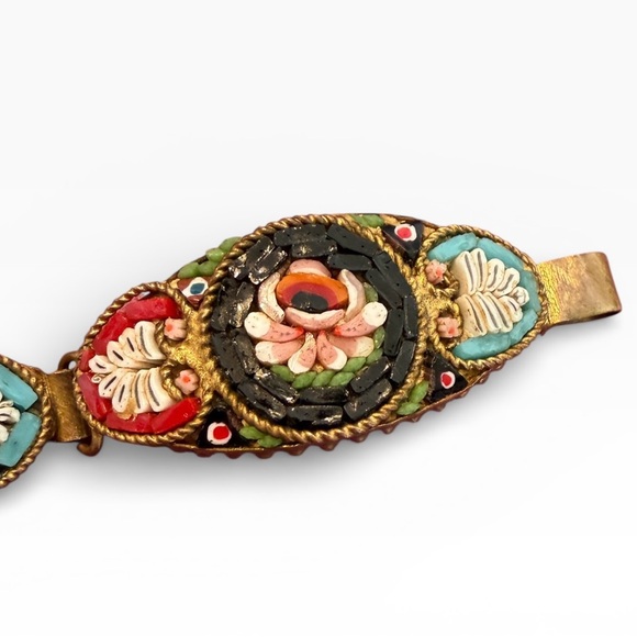 Antique Italy Signed Micro-Mosaic Floral 5 Panel Bracelet - Picture 12 of 13